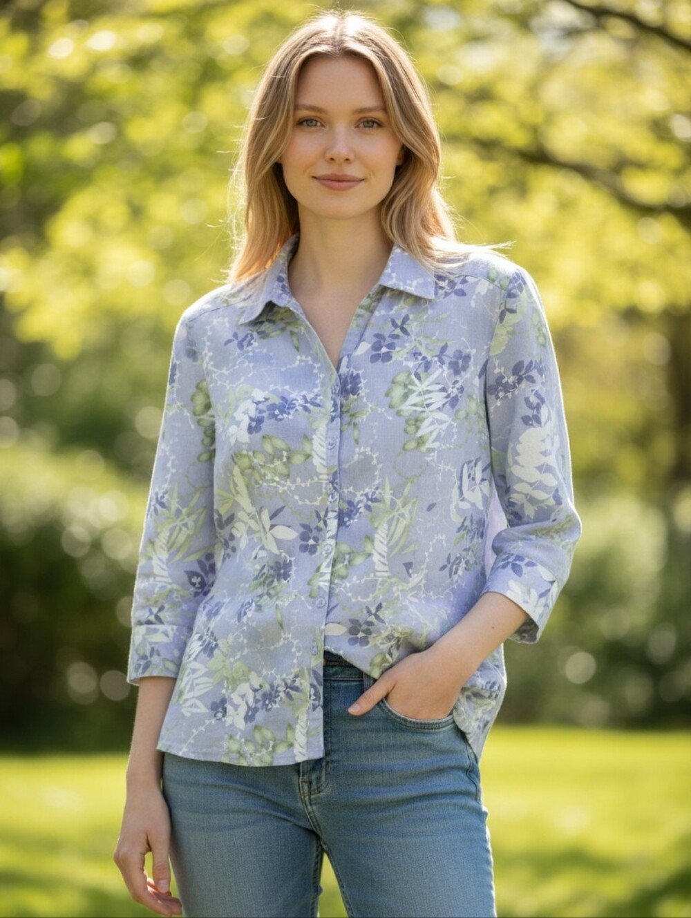 JM Collection Lavender Blue Floral Button-Down Shirt